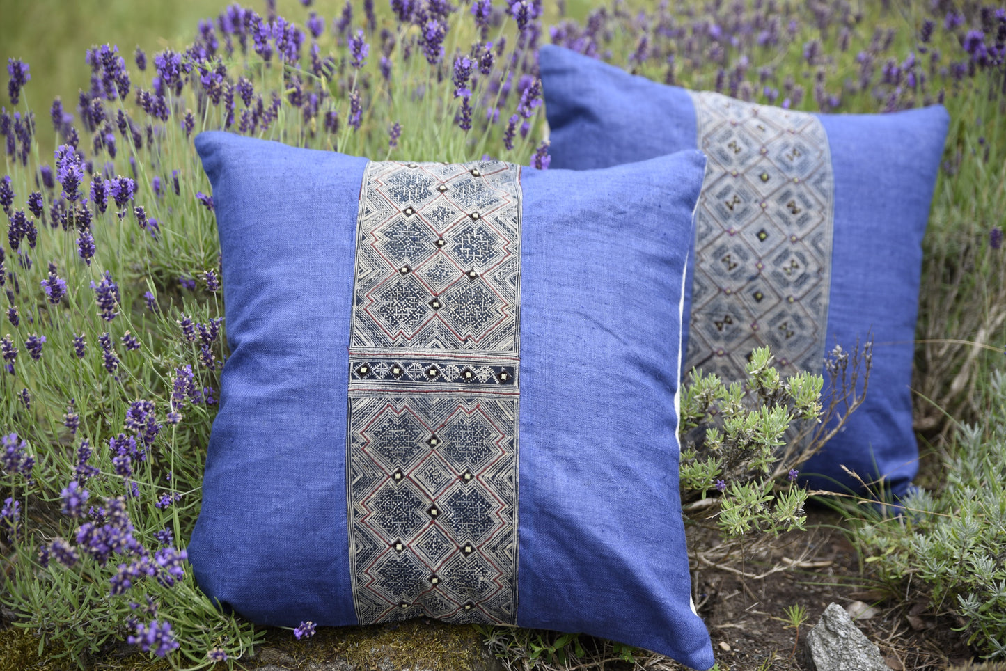 Purple Hemp Cushion Cover, H'mong vintage cloth, batik painting pattern
