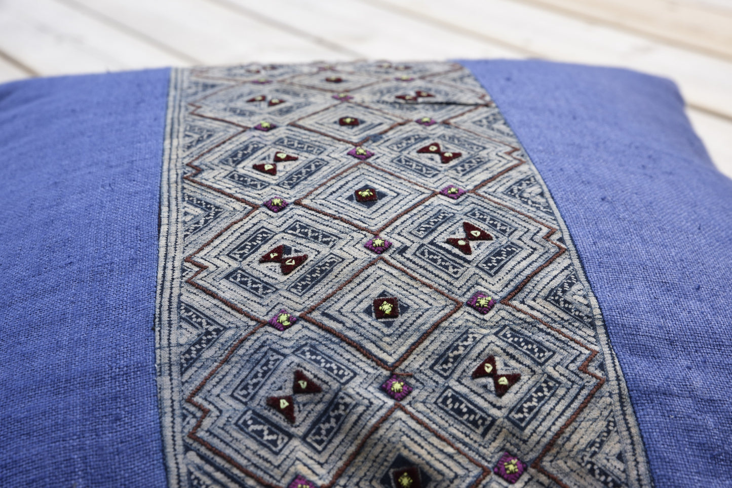 Purple Hemp Cushion Cover, H'mong vintage cloth, batik painting pattern