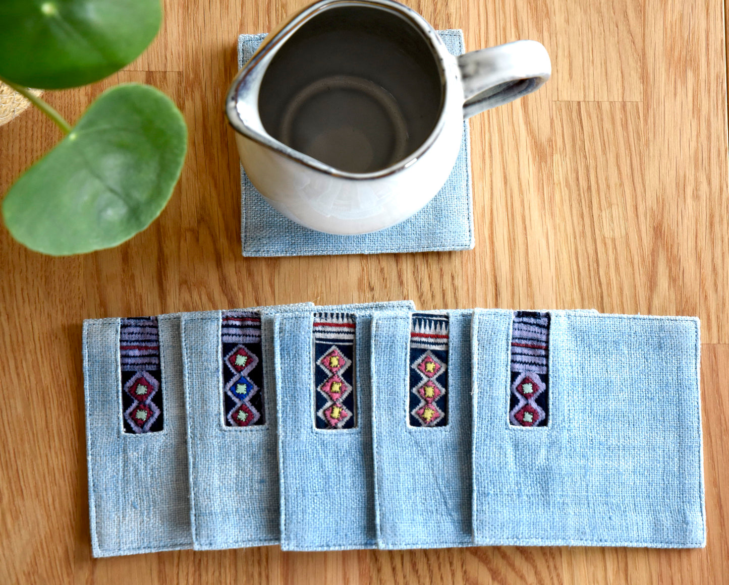 Indigo light blue hemp coaster, Vintage H'mong fabric, natural-dyed coaster