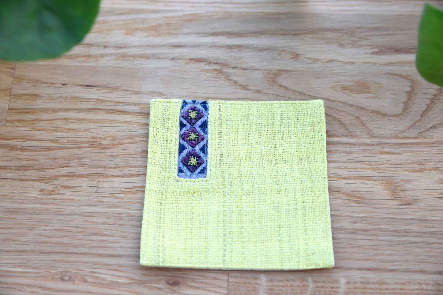 Yellow hemp coaster, Vintage H'mong fabric, natural-dyed coaster