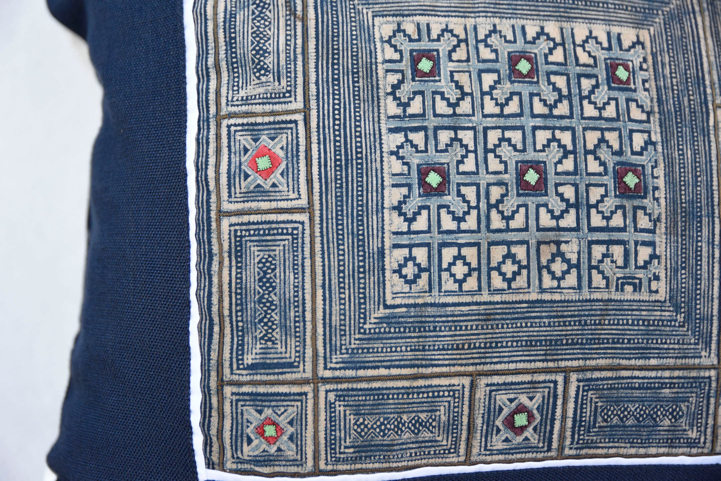 Navy Blue Cushion Cover, H'mong vintage cloth, batik painting pattern