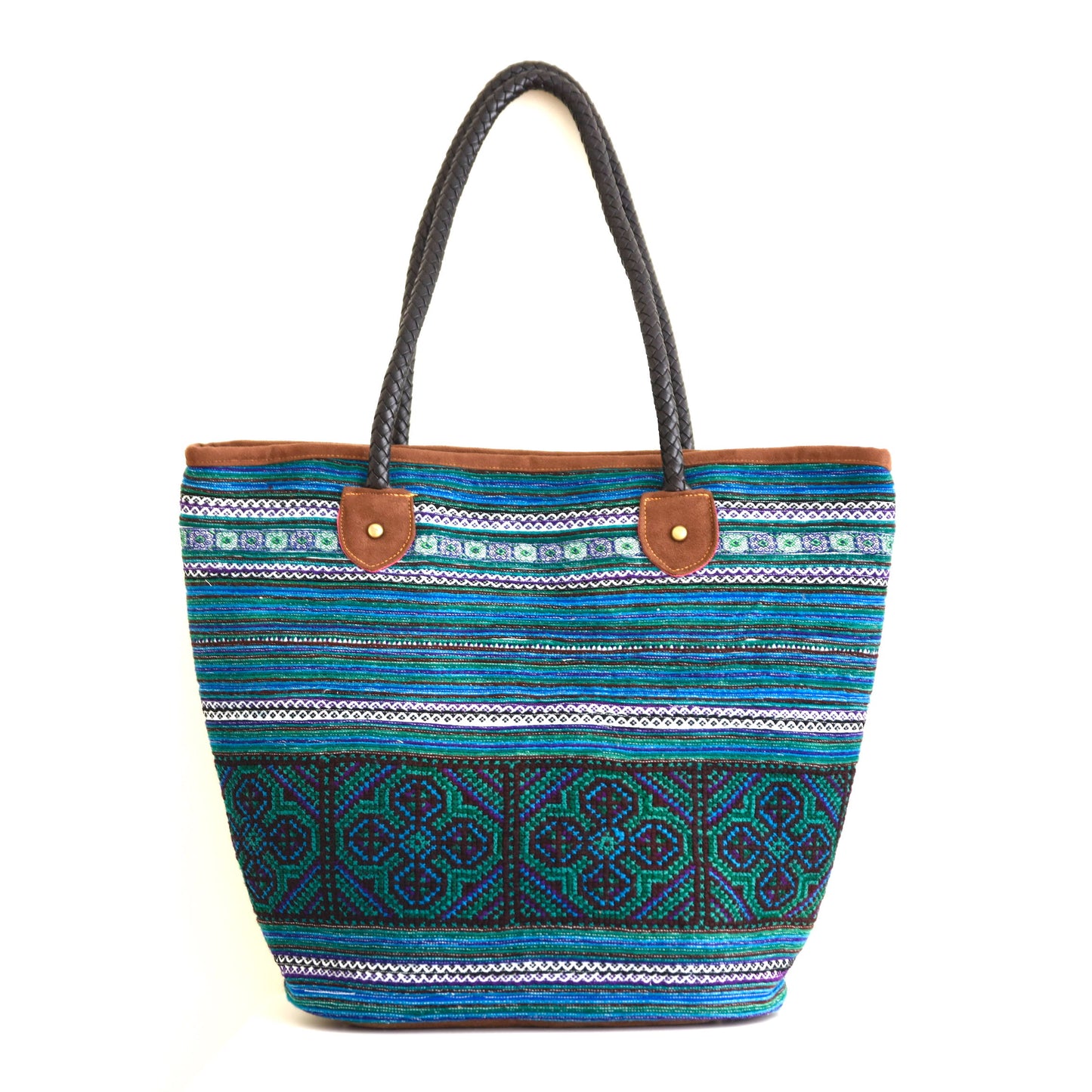 Green big-sized casual, pinic bag, TOTE bag, hand-embroidered, tribal pattern