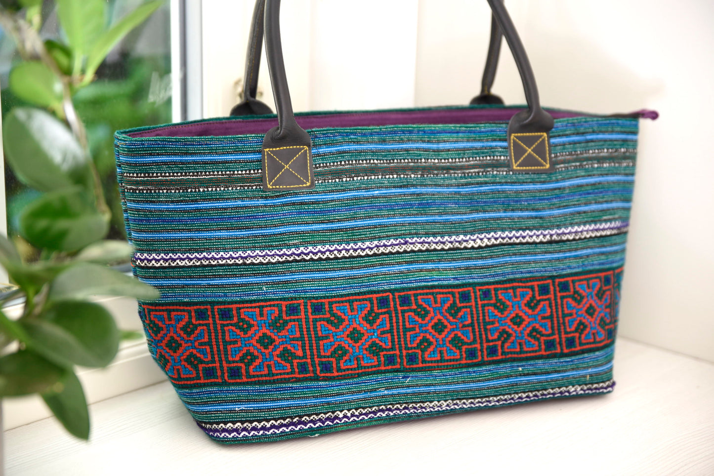 Green Rectangle form bag, hand-embroidered, tribal pattern