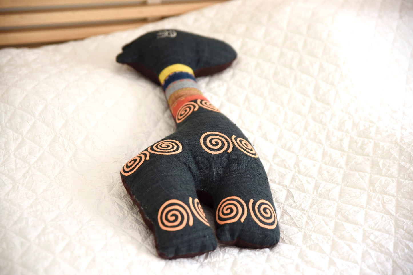 Unique blue cuddly deer stuffed animal, dark indigo blue, natural colored, hand-made from H'mong tribal fabrics