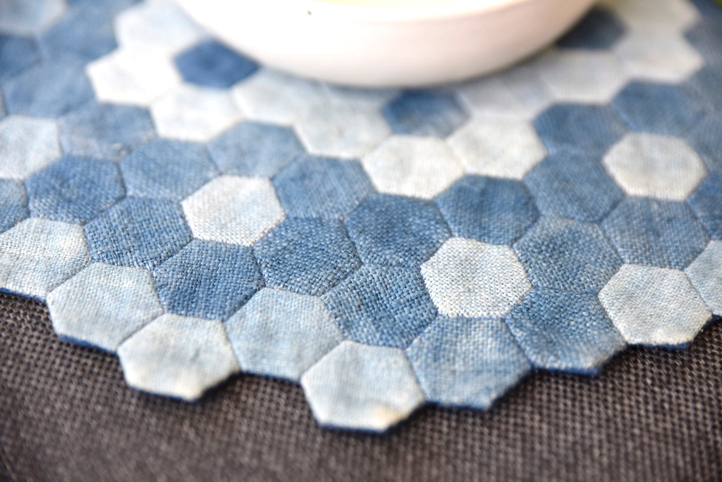 Unique quilted hexagon placemat, hand-stitched, handwoven hemp fabrics, indigo dye
