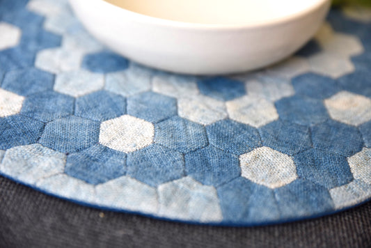 Unique quilted round placemat, hand-stitched, handwoven hemp fabrics, indigo dye