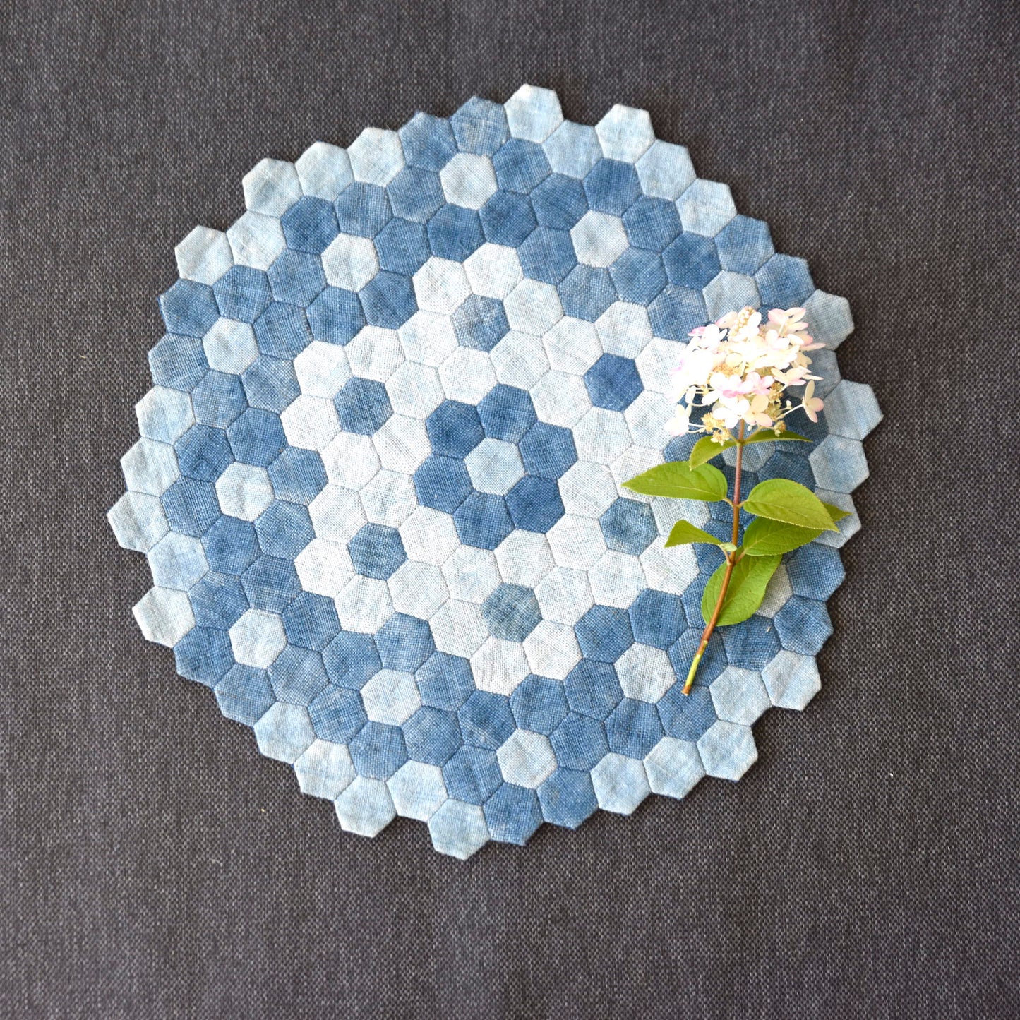 Unique quilted hexagon placemat, hand-stitched, handwoven hemp fabrics, indigo dye