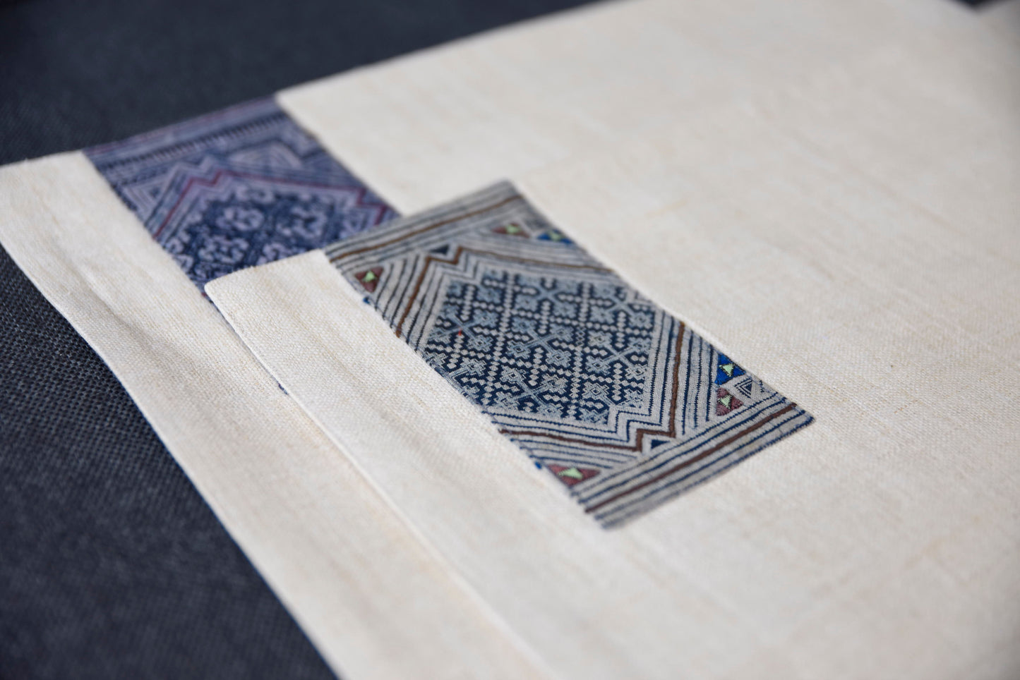 White hemp placemat, vintage batik indigo patch, hand-woven hemp fabrics