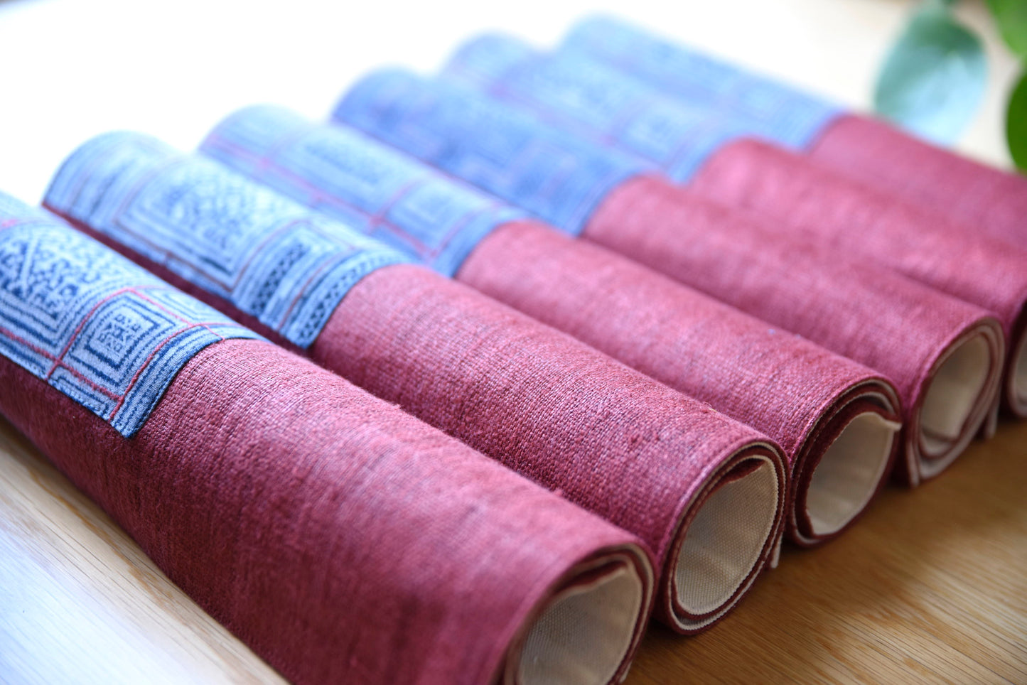 Dark Red hemp placemat, vintage batik indigo patch, hand-woven hemp fabrics