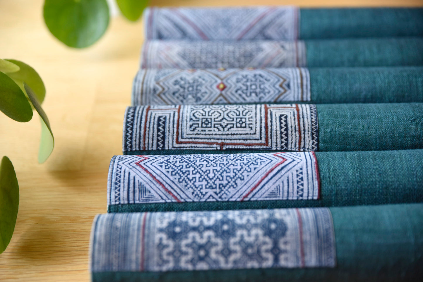 Green hemp placemat, vintage batik indigo patch, hand-woven hemp fabrics
