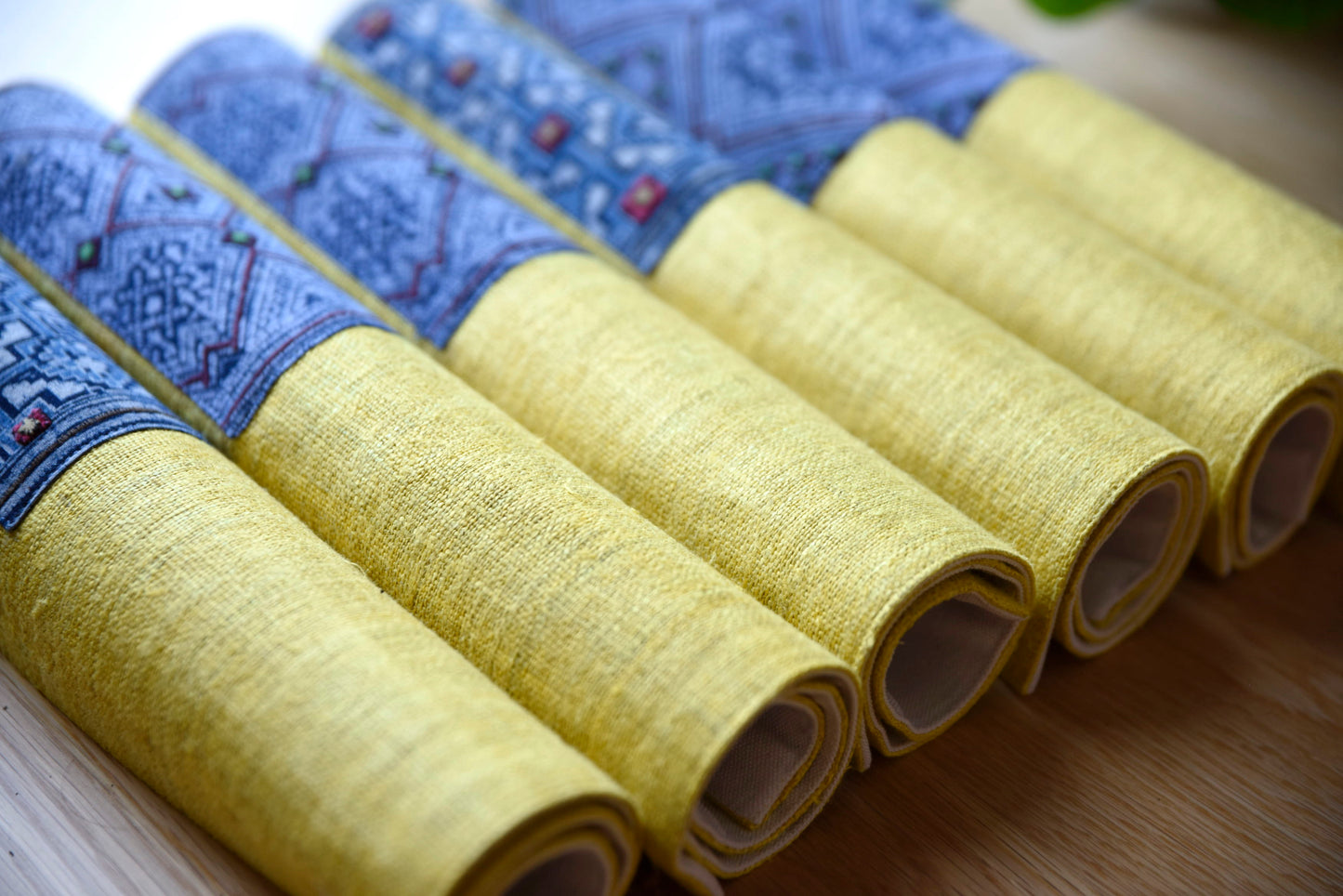 Yellow hemp placemat, vintage batik indigo patch, hand-woven hemp fabrics