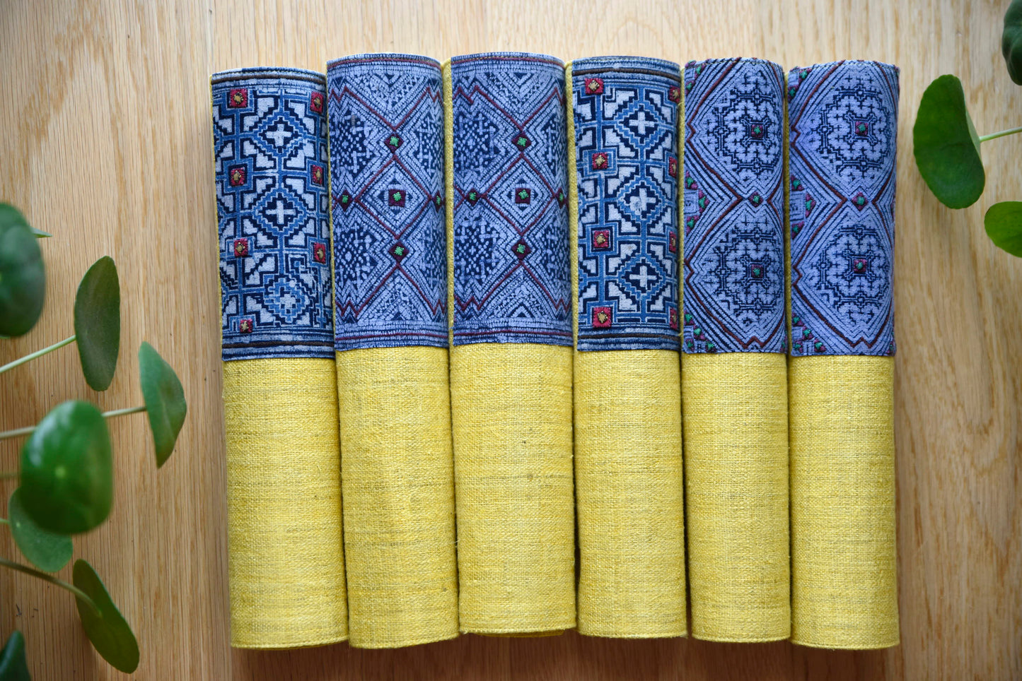 Yellow hemp placemat, vintage batik indigo patch, hand-woven hemp fabrics