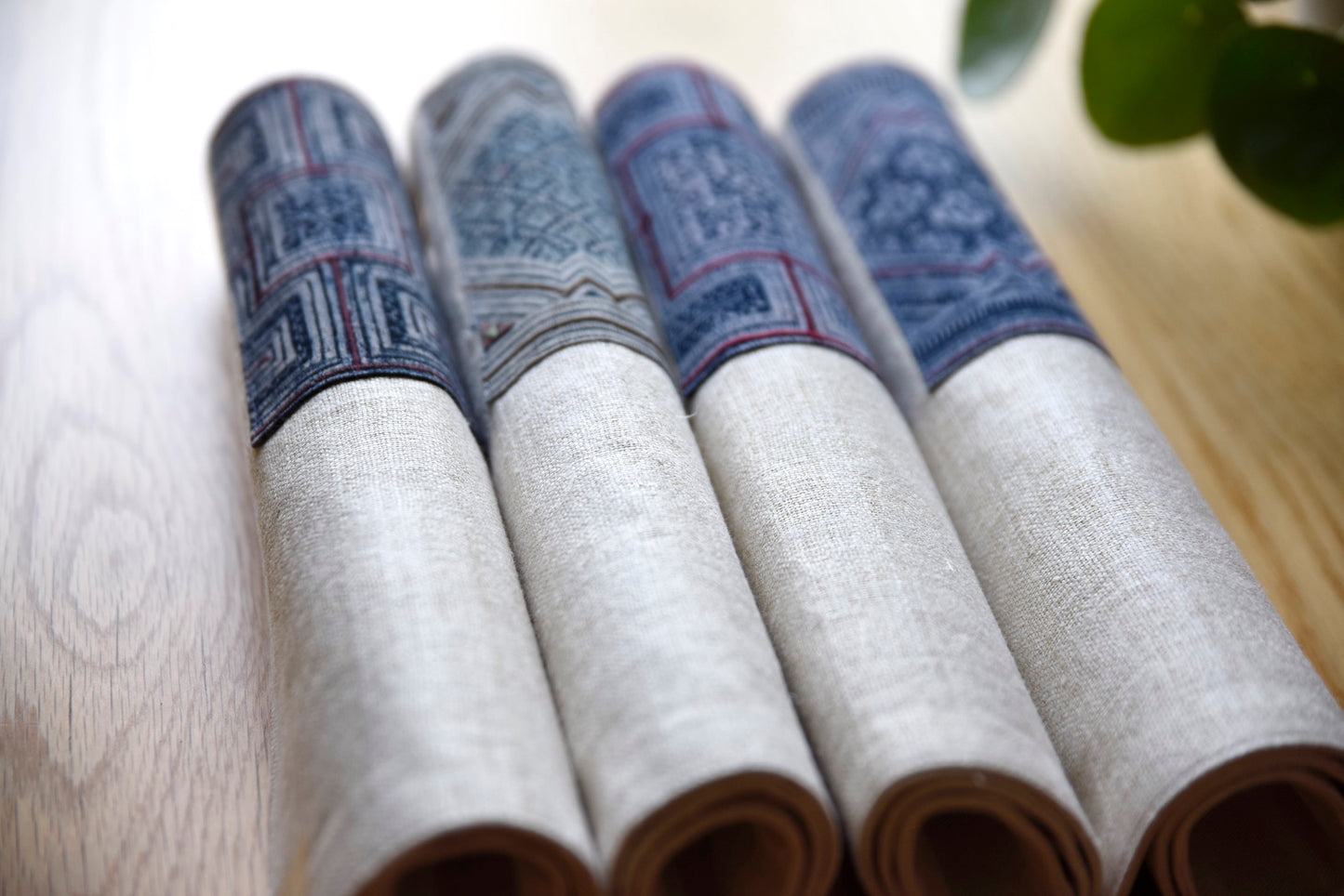 White hemp placemat, vintage batik indigo patch, hand-woven hemp fabrics