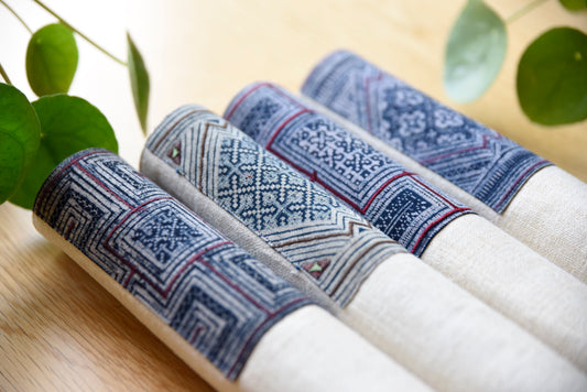 White hemp placemat, vintage batik indigo patch, hand-woven hemp fabrics
