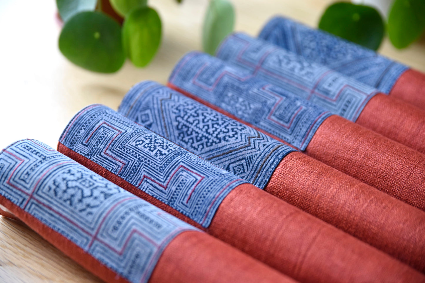 Bordeaux Red hemp placemat, vintage batik indigo patch, hand-woven hemp fabrics
