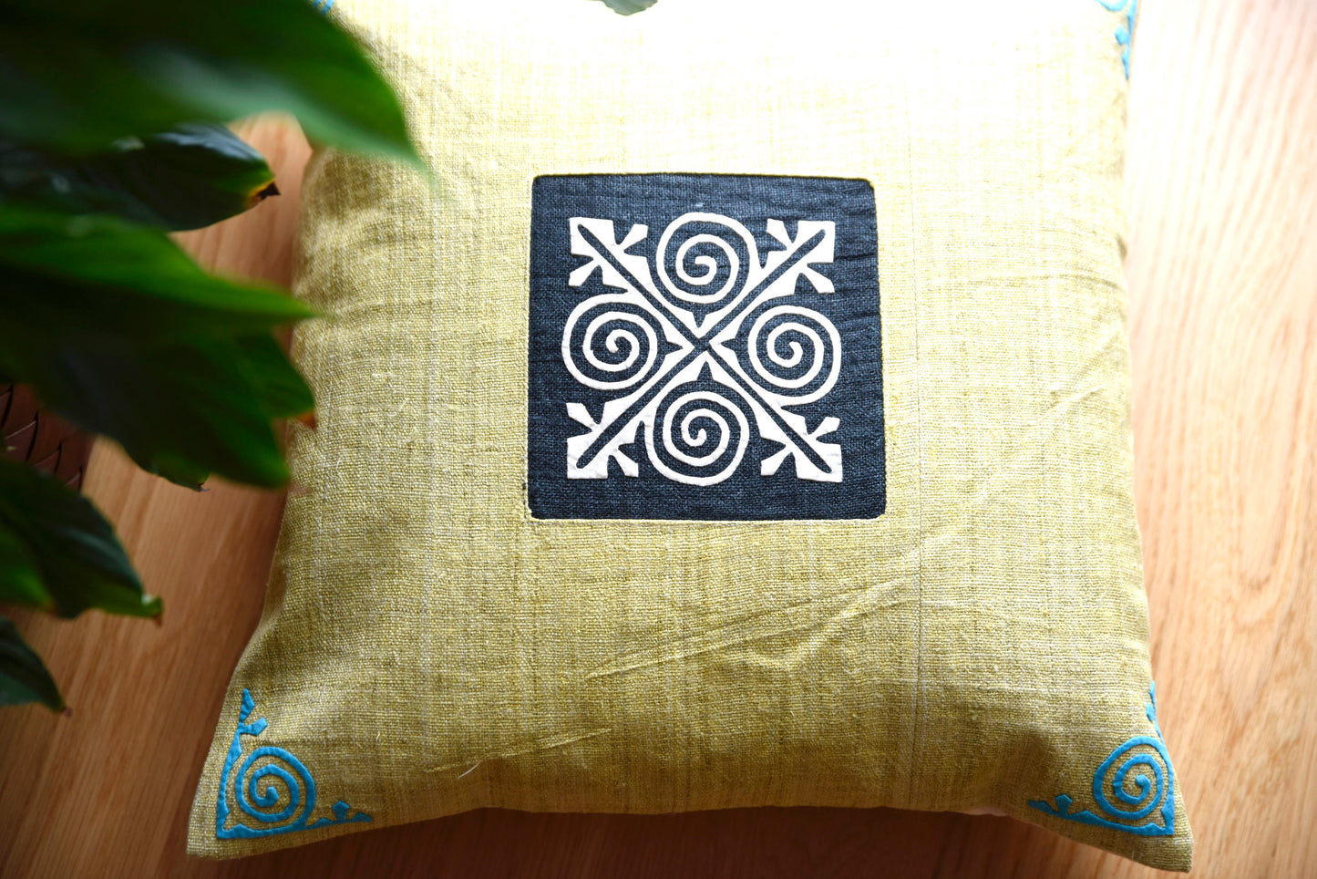 Hemp Yellow Cushion Cover, embroidered corners, black and white hand-embroidered patch