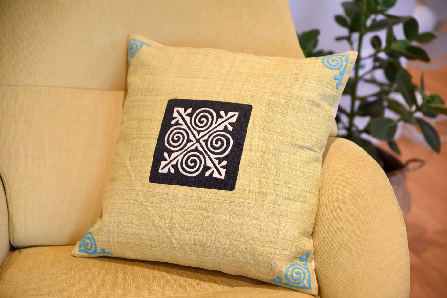 Hemp Yellow Cushion Cover, embroidered corners, black and white hand-embroidered patch