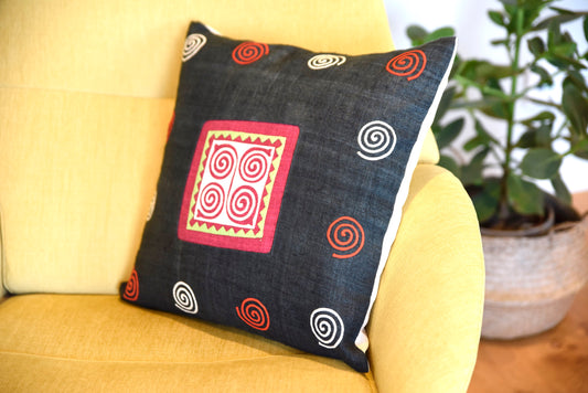 Black Cushion Cover (45x45 cm), embroidery along, black and white hand-embroidered patch