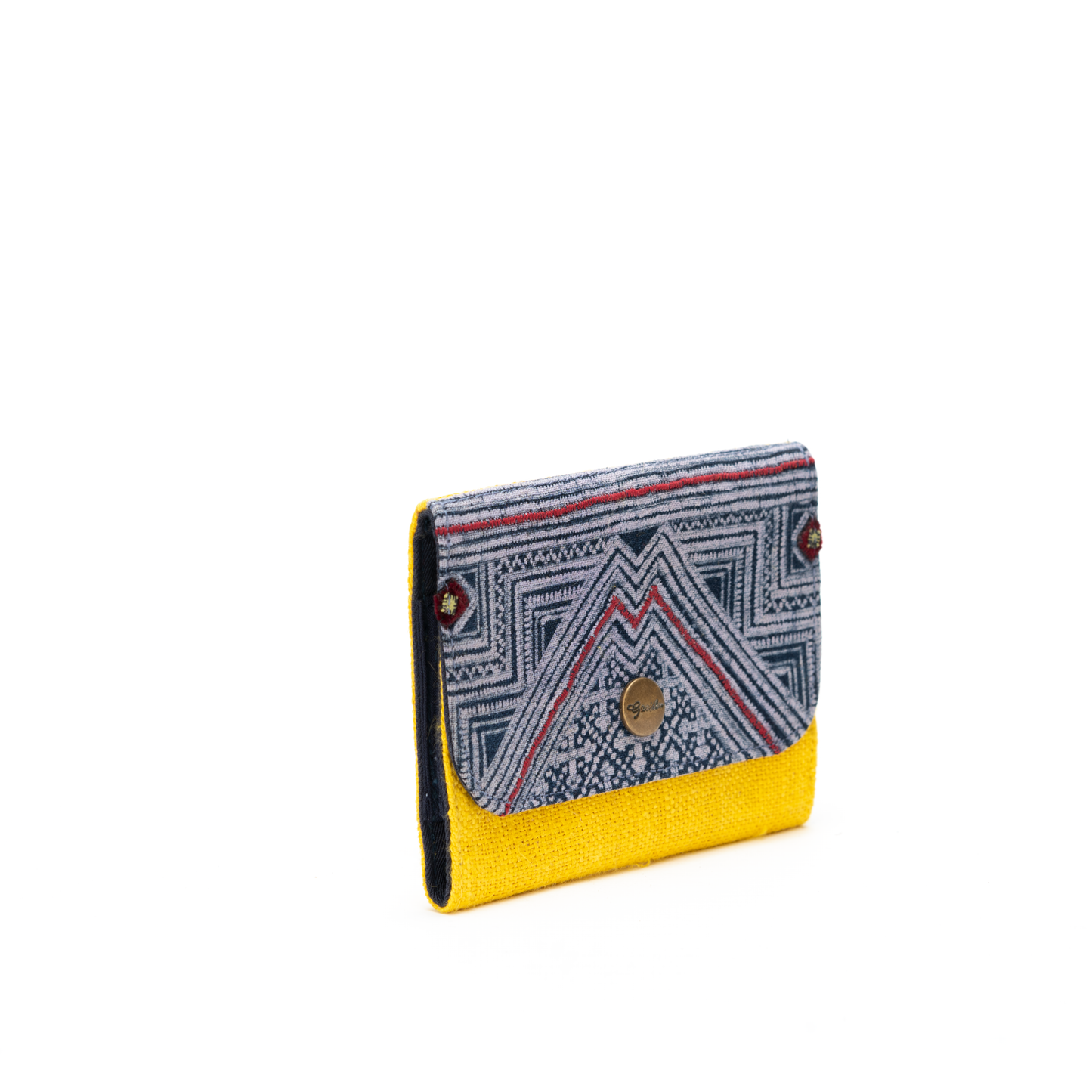 Yellow Hemp card holder, Indigo Batik fabric