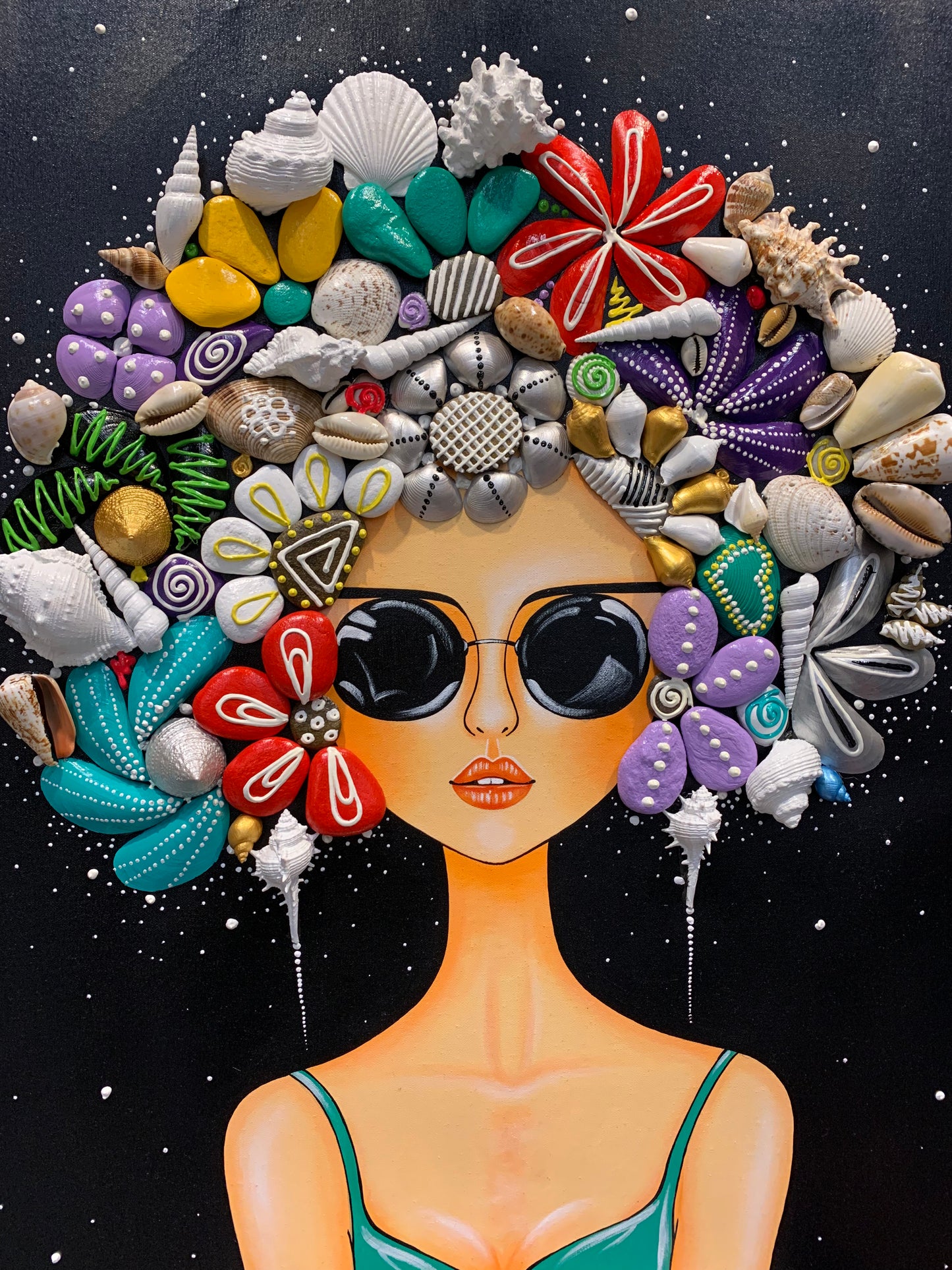 'Cool girl in green', canvas with crafted pebbles and seashells