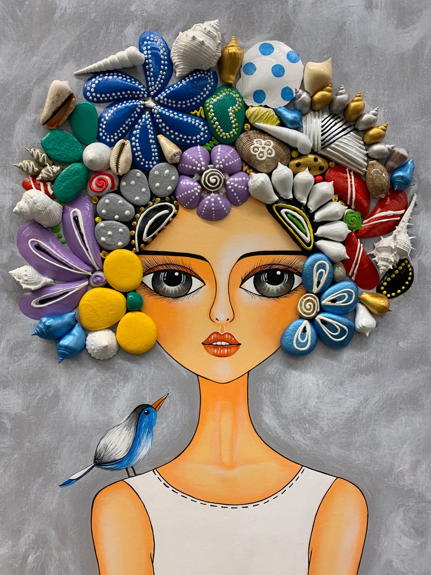 'Vän på min axel' - målning på duk med tillverkade småstenar och snäckskal