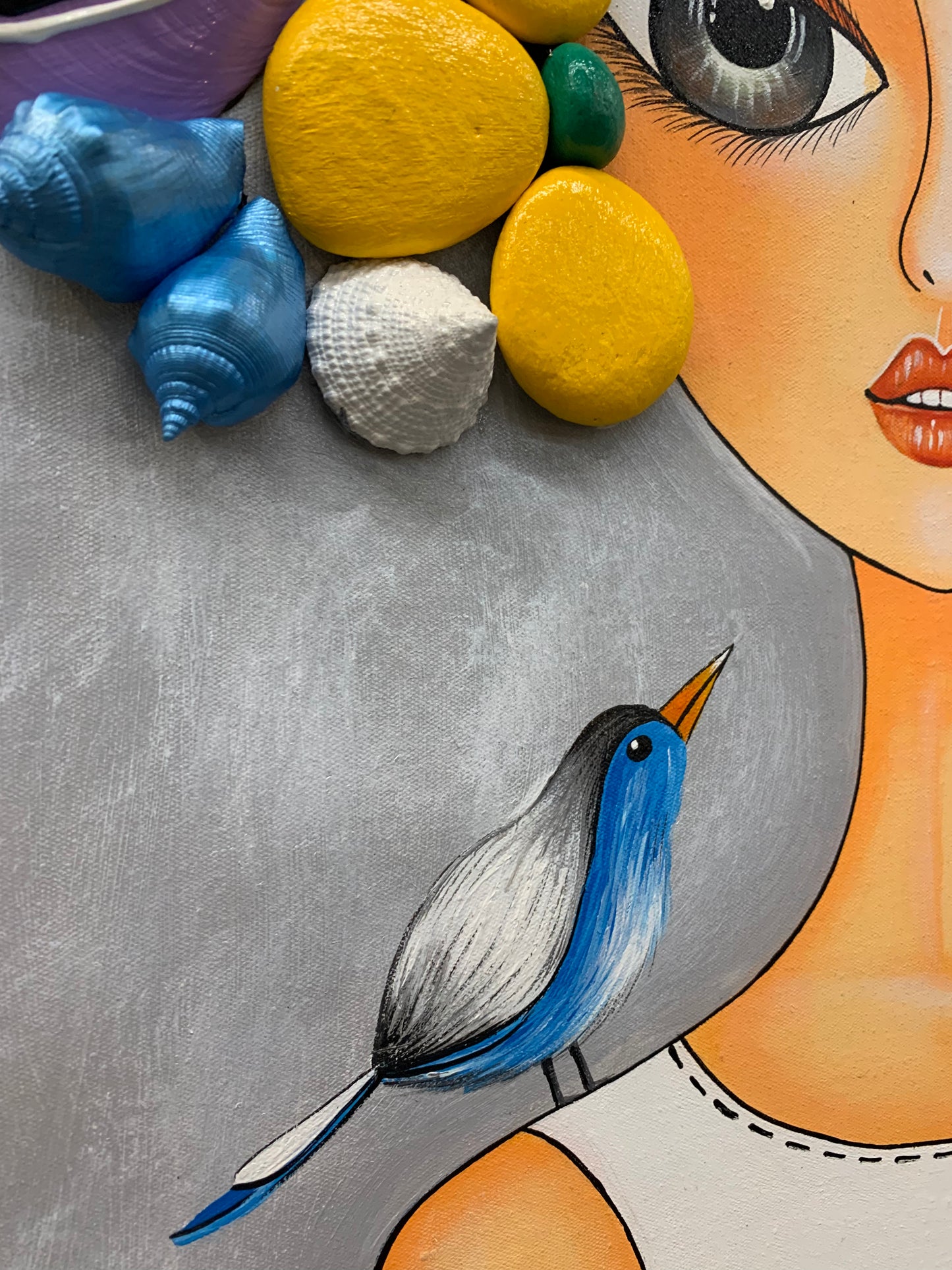 'Friend on my shoulder' - painting on canvas with crafted pebbles and seashells