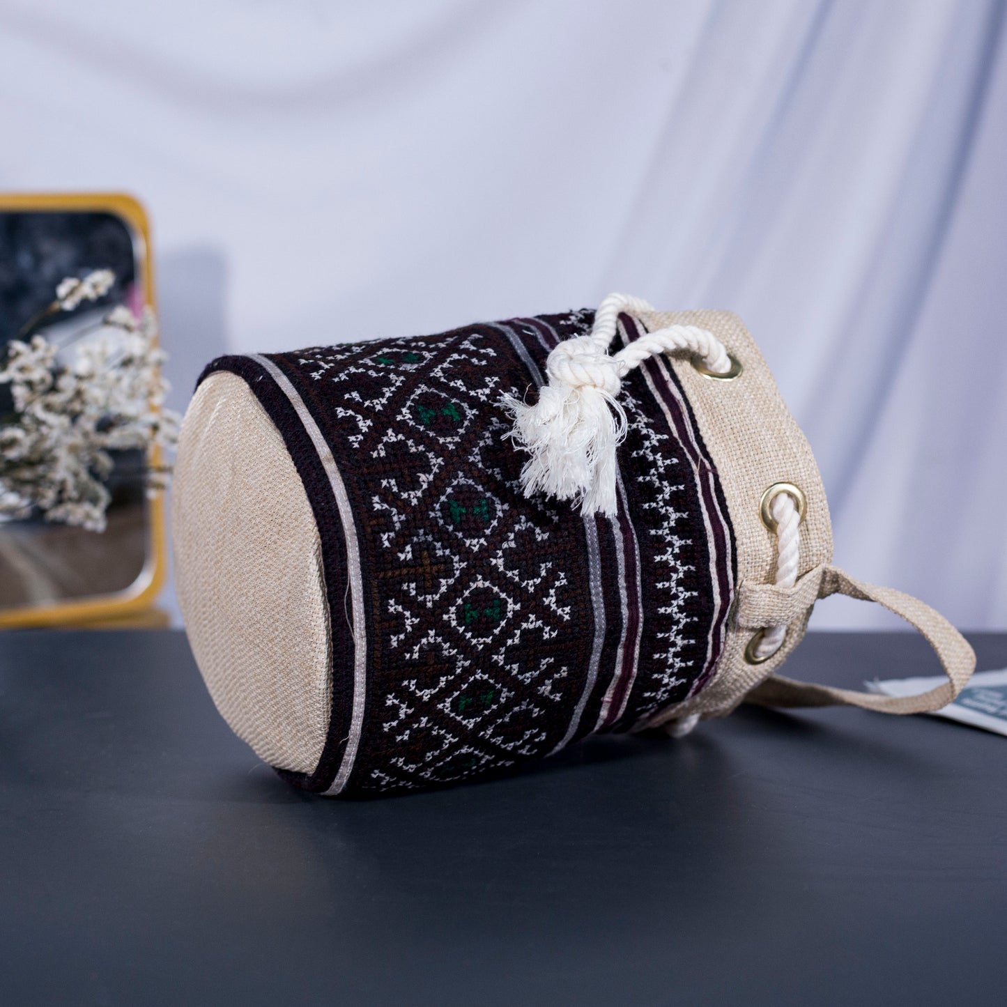 Mini cosmetic bag, brown embroidery, string to use as cross-shoulder bag