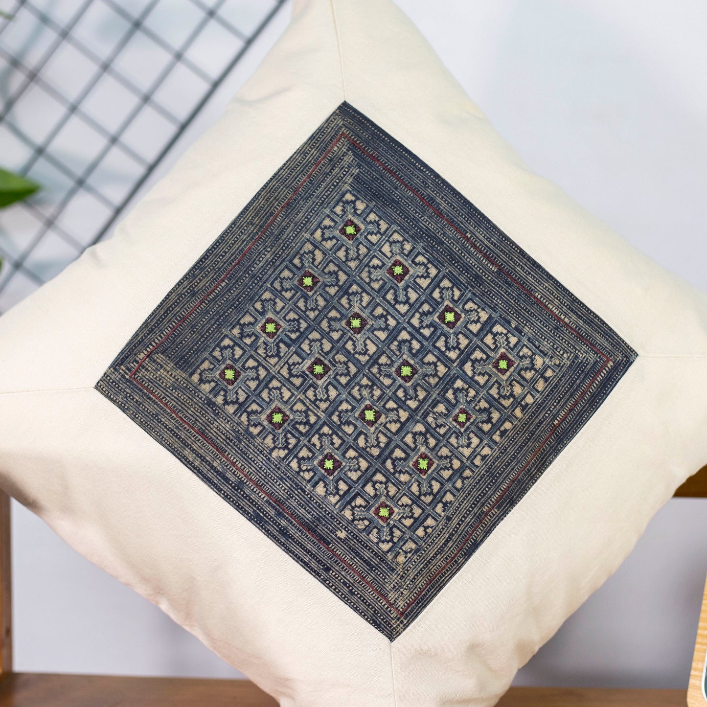 Unique Pattern, White Linen Cushion Cover, H'mong vintage cloth, batik painting pattern