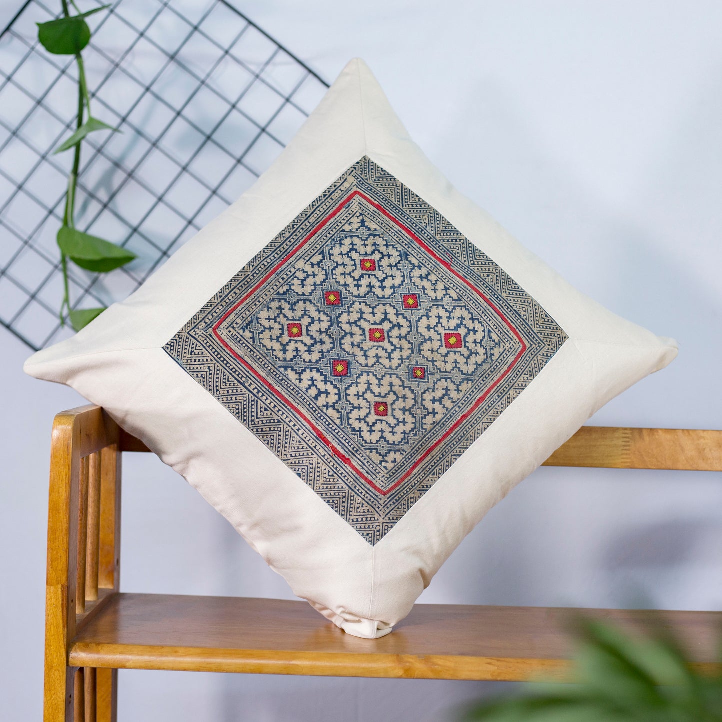 Unique Pattern, White Linen Cushion Cover, H'mong vintage cloth, batik painting pattern