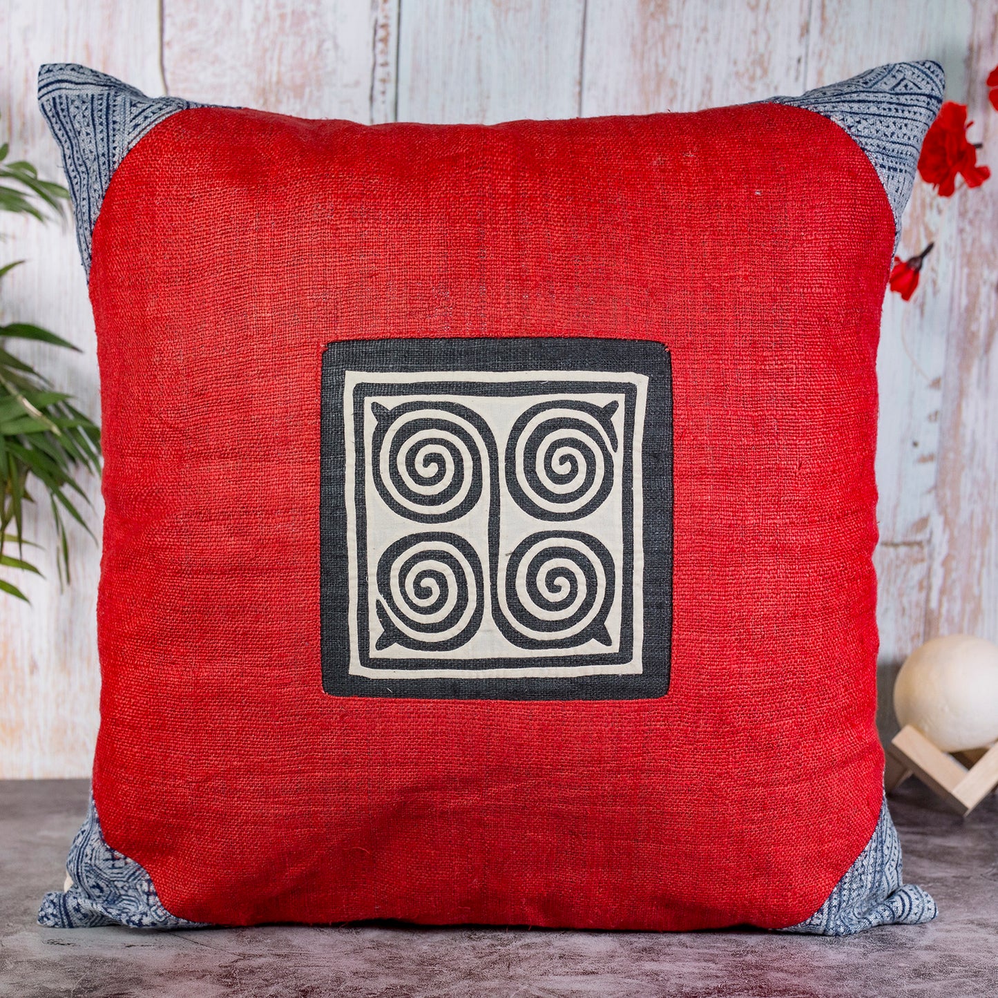 Red Hemp Cushion Cover, beeswax batik at corner, red hand-embroidered patch