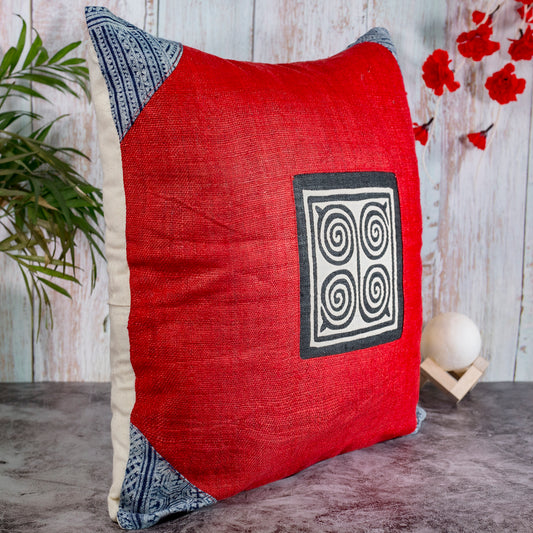 Red Hemp Cushion Cover, beeswax batik at corner, red hand-embroidered patch