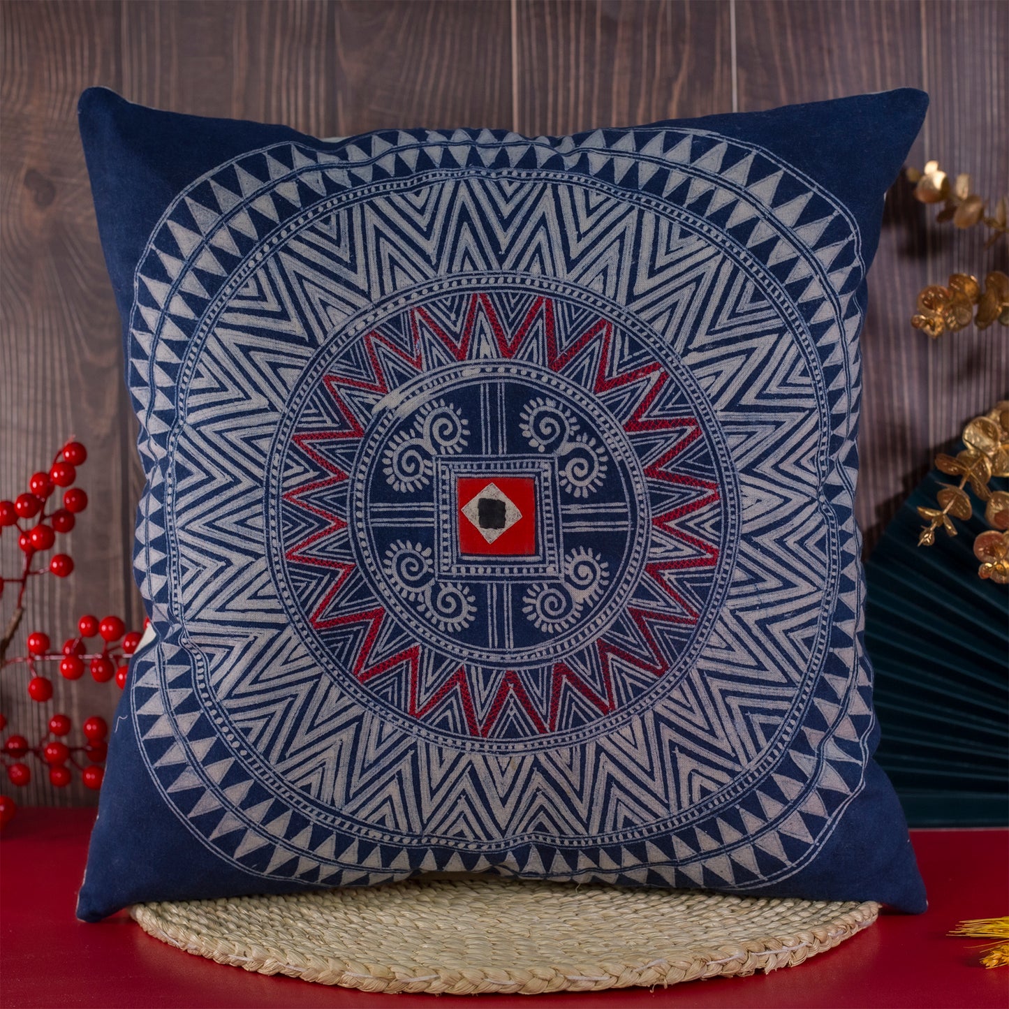 Batik Cushion Cover - H'mong pattern, hand-stitched fabric patch