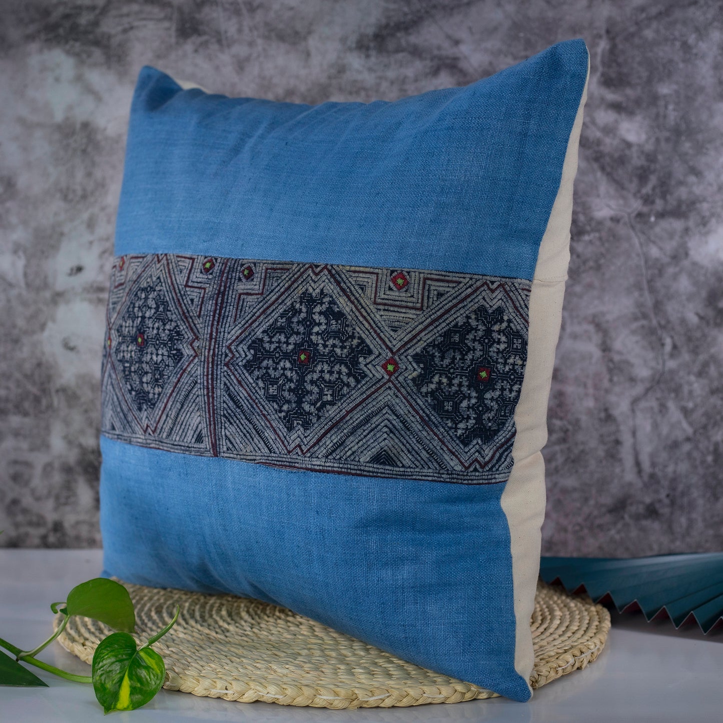 Hemp Cushion Cover, Indigo blue, H'mong vintage pattern