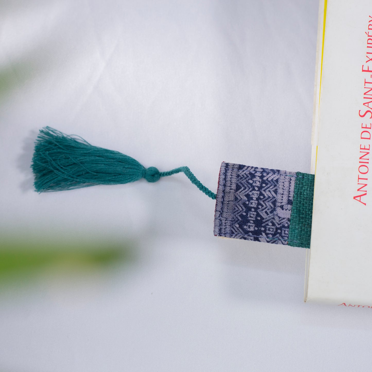 Hemp green bookmark with vintage batik patch