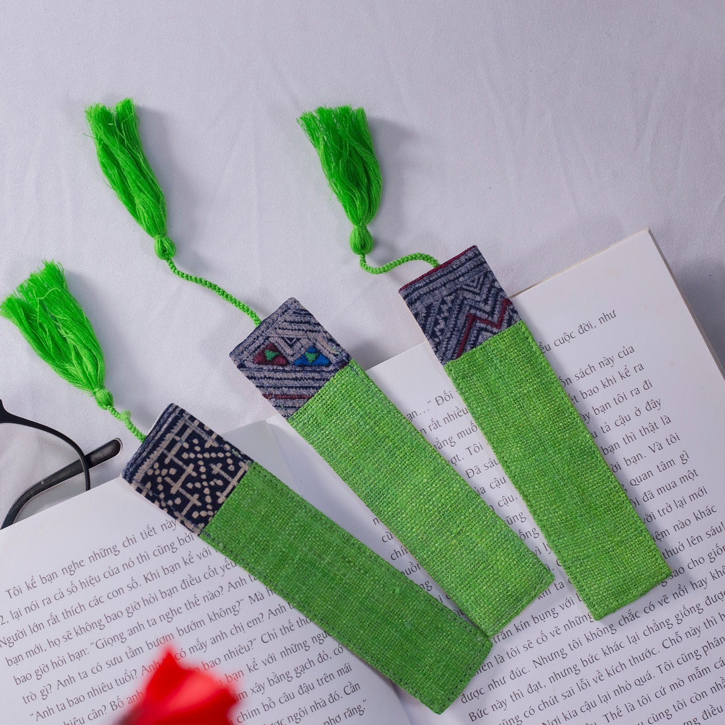 Hemp bright green bookmark with vintage batik patch