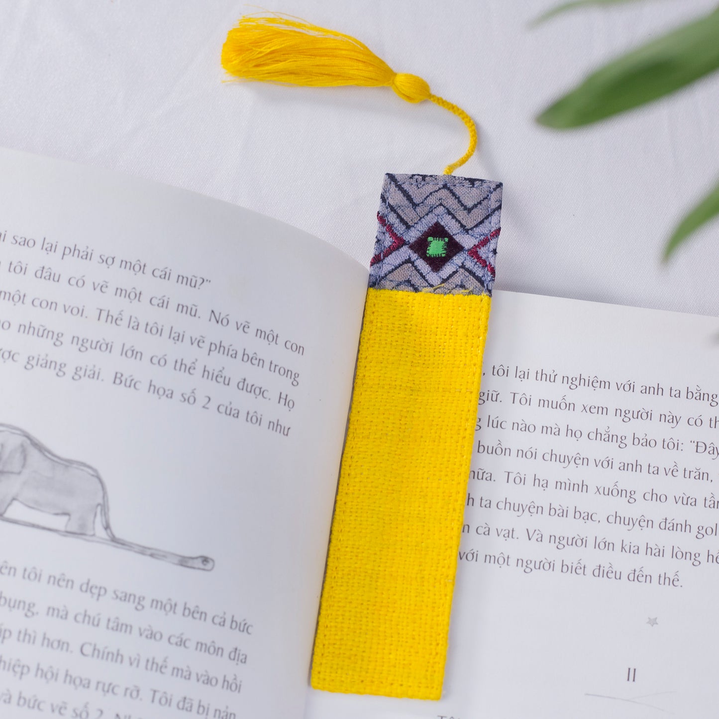 Hemp yellow bookmark with vintage batik patch