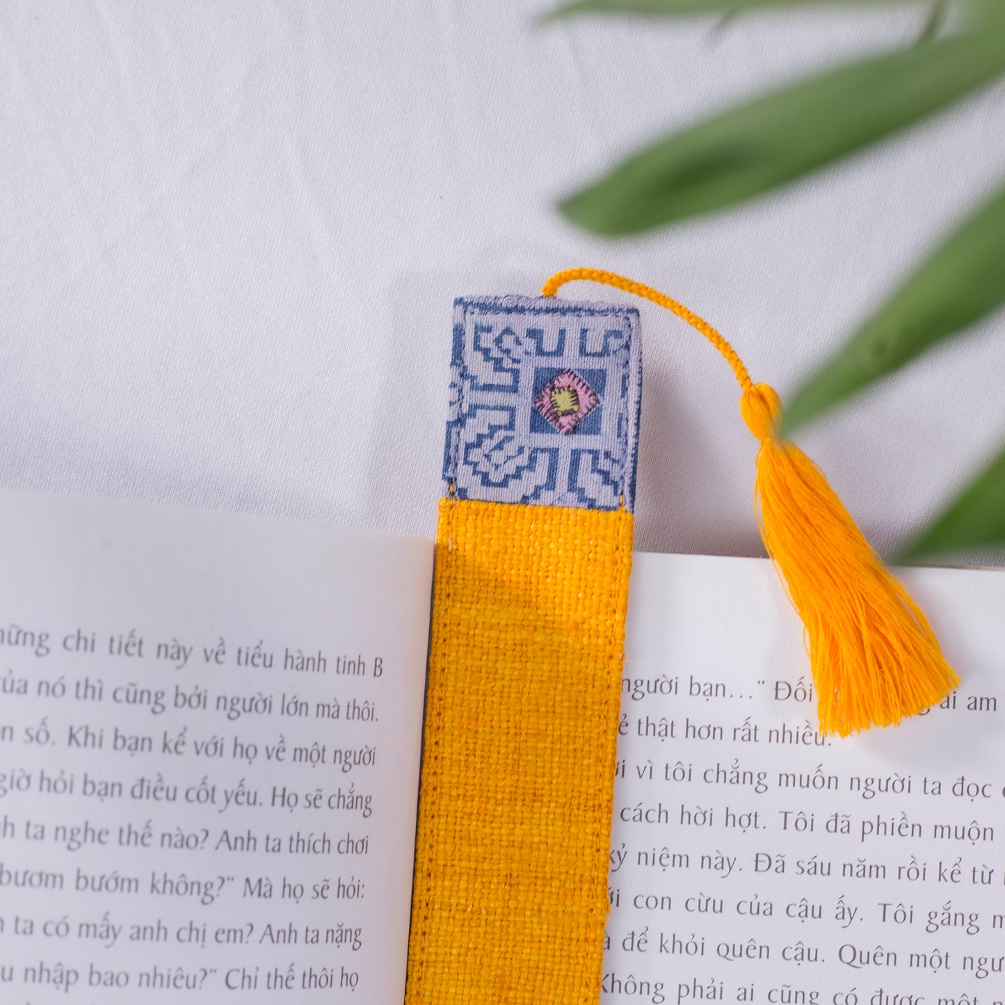 Hemp orange bookmark with vintage batik patch
