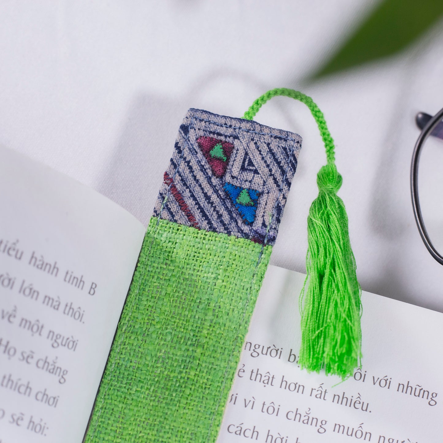Hemp bright green bookmark with vintage batik patch