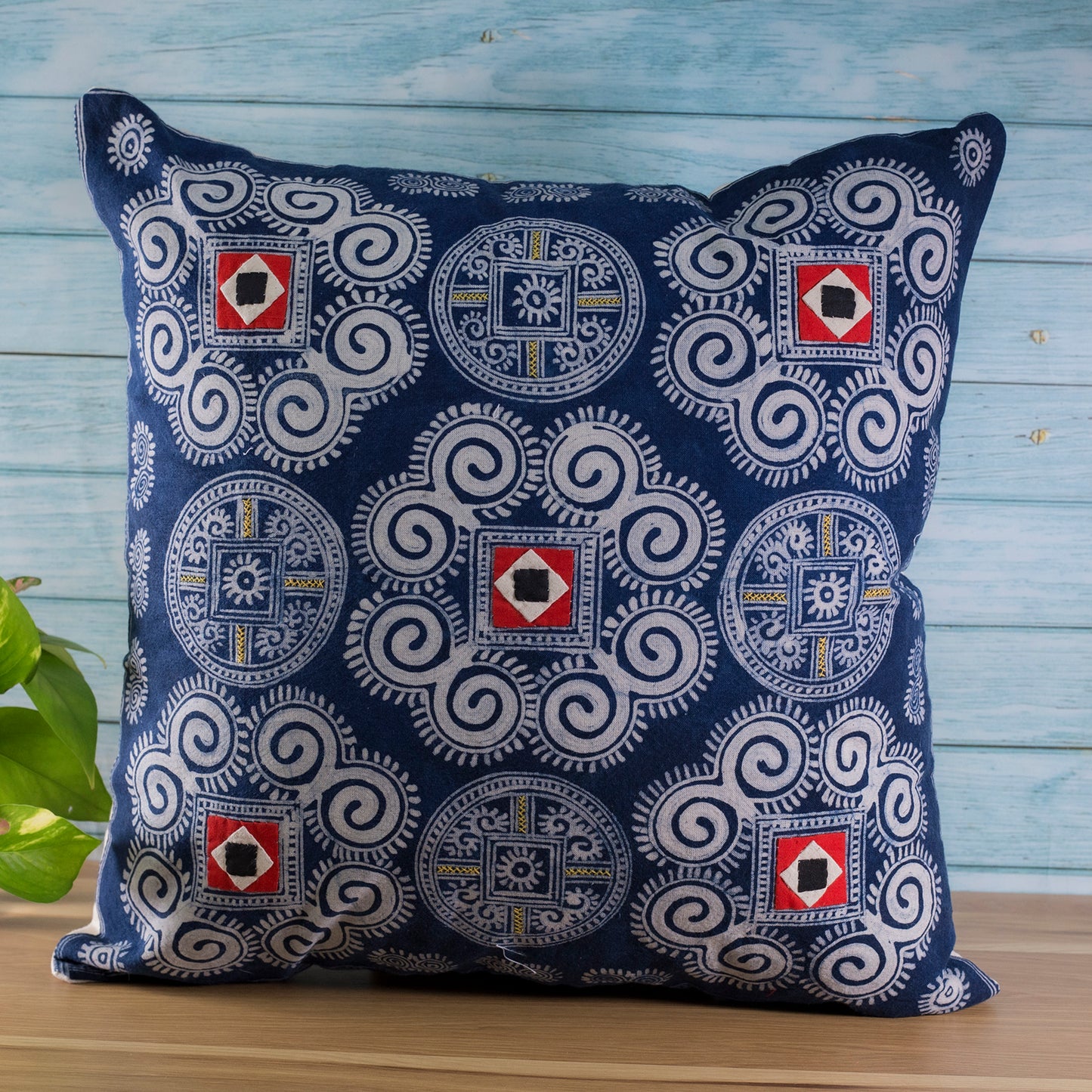 Batik Cushion Cover - H'mong pattern, hand-stitched fabric patch