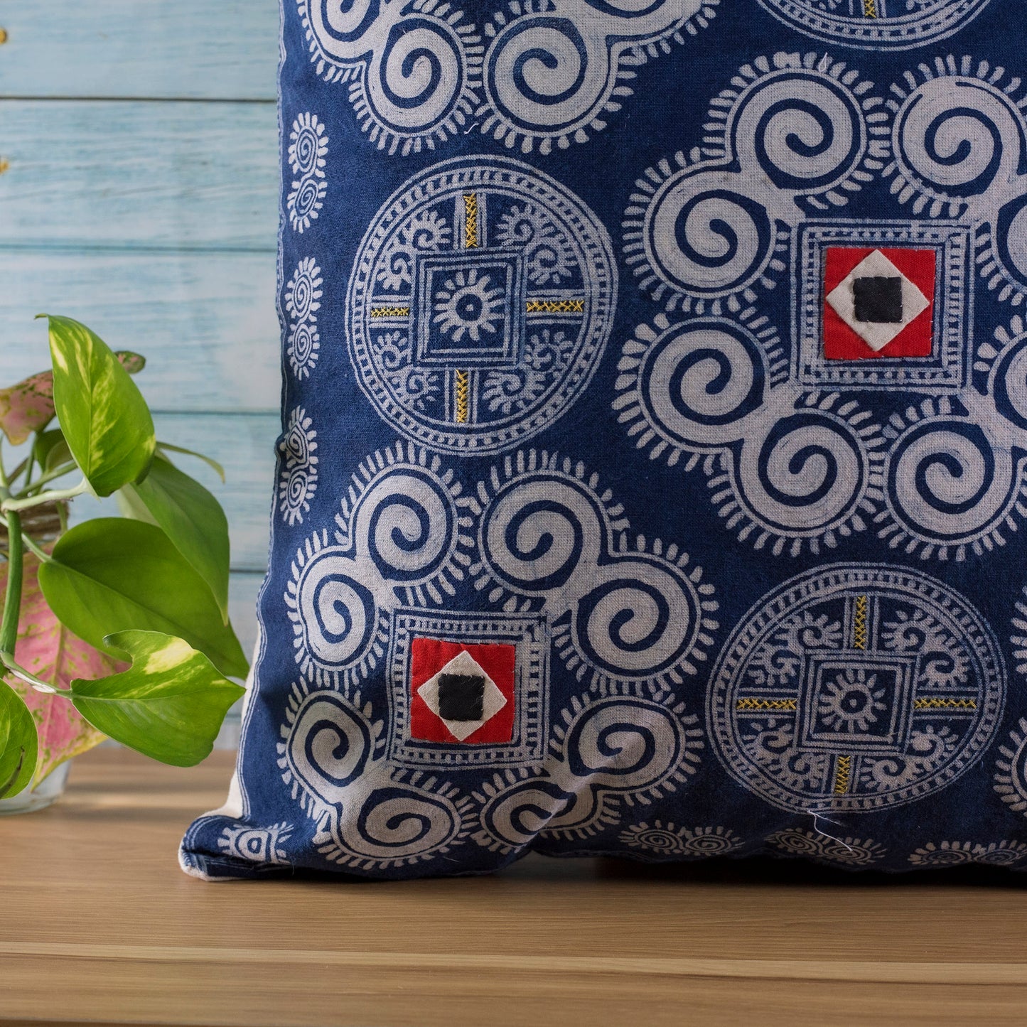 Batik Cushion Cover - H'mong pattern, hand-stitched fabric patch