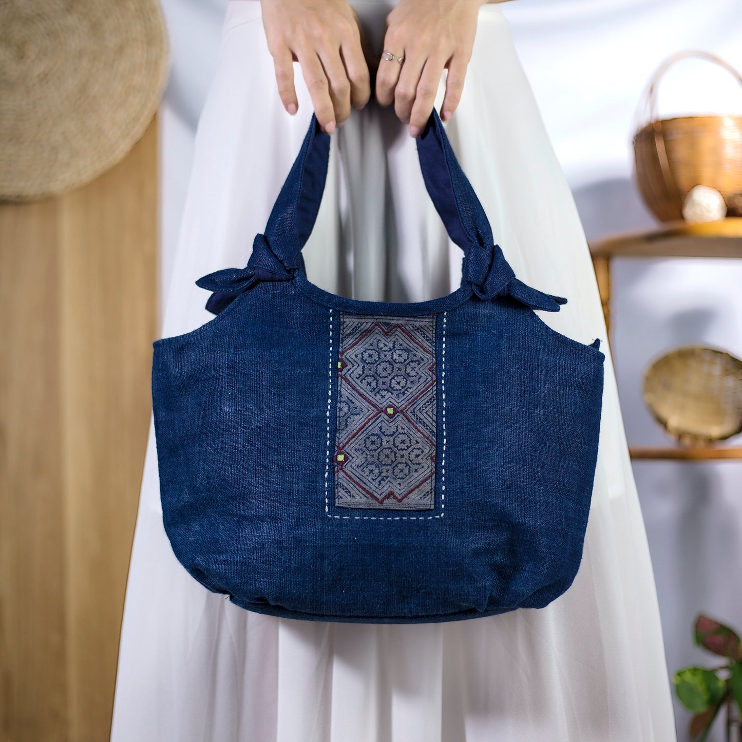 Bunny ear handbag, natural hemp in BLUE with vintage patch