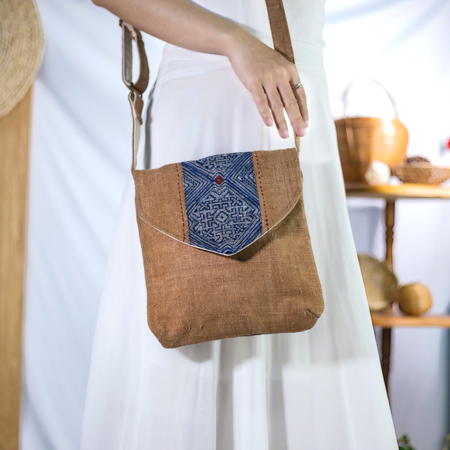 Purity Collection: Cross-body bag, natural hemp in BROWN with vintage patch