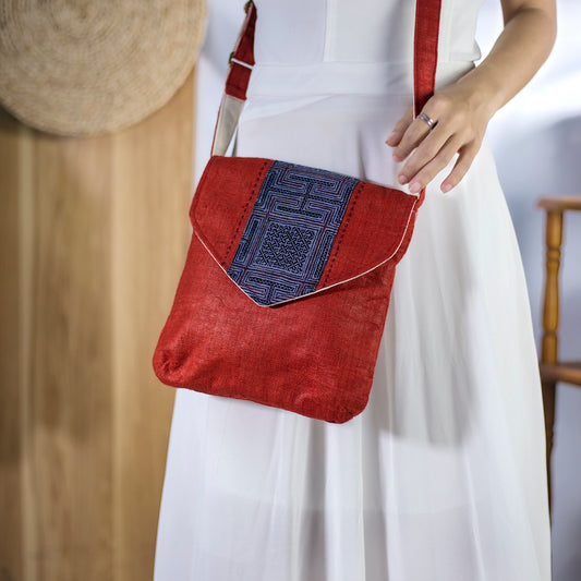 Purity Collection: Cross-body bag, natural hemp in RED, vintage patch