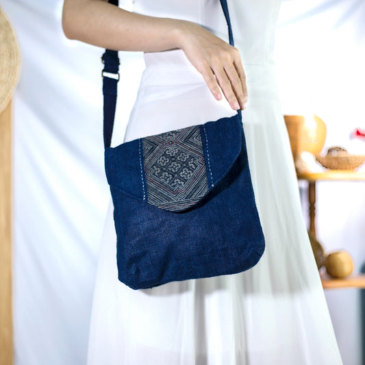 Purity Collection: Cross-body bag, natural hemp in BLUE, vintage patch