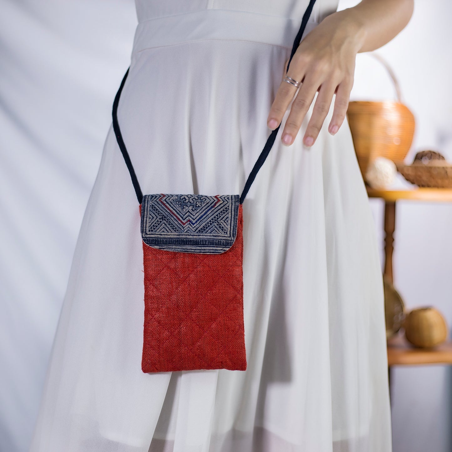 Cross-body phone bag, RED hemp with batik fabric