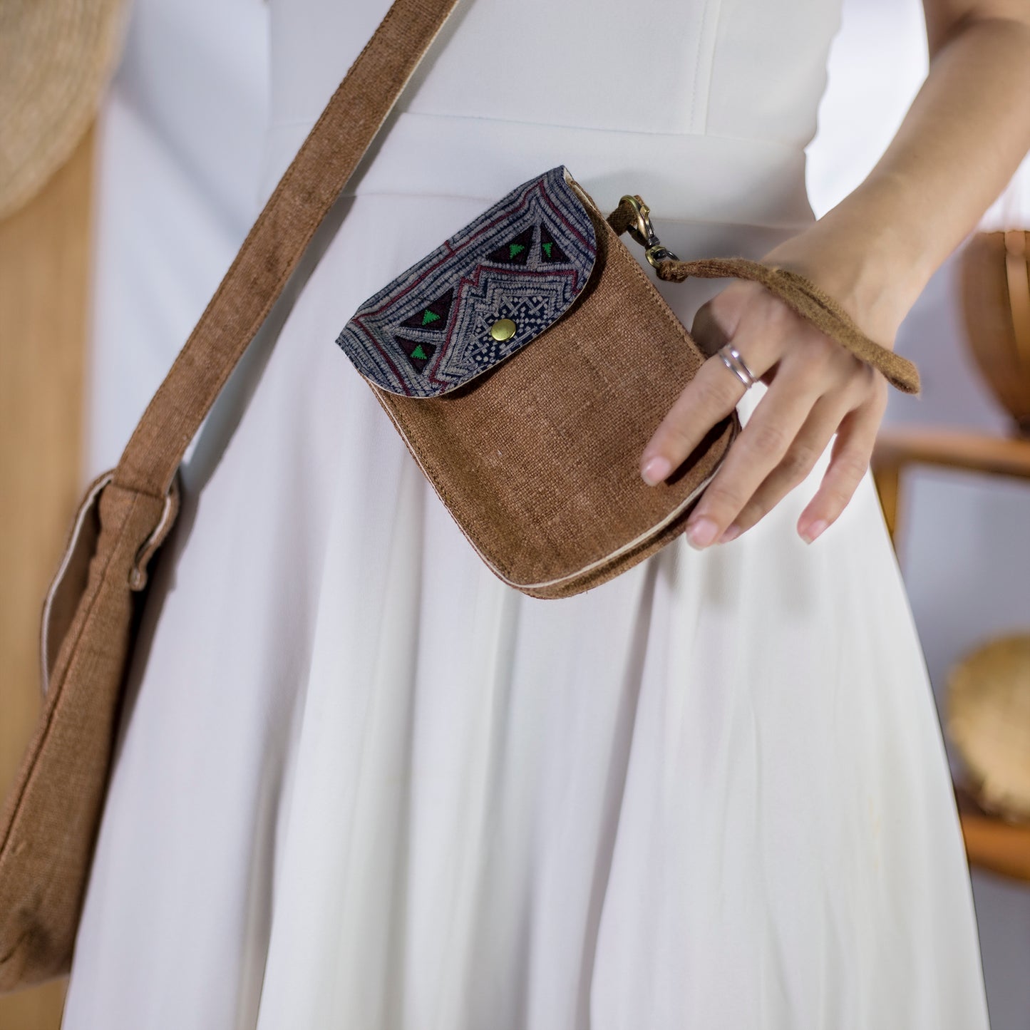 Flip phone belt bag, wrist bag option, natural hemp in BROWN color