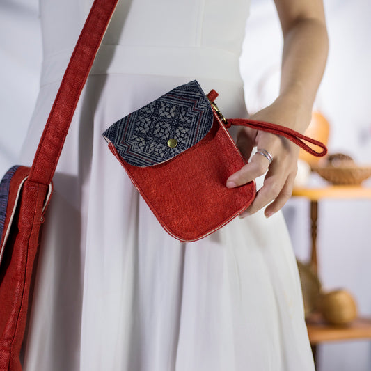 Flip phone belt bag, wrist bag option, natural hemp in RED color