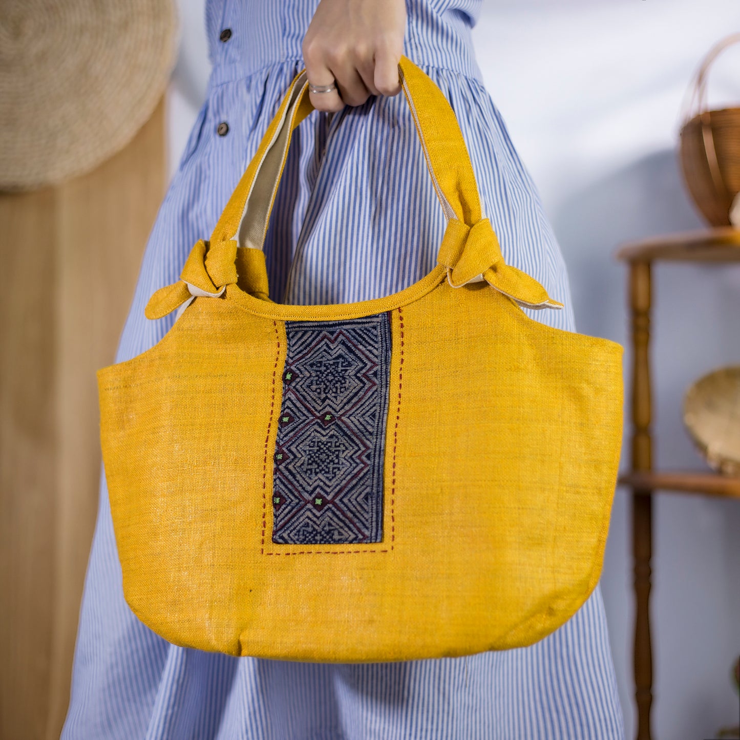 Bunny ear handbag, natural hemp in YELLOW with vintage patch