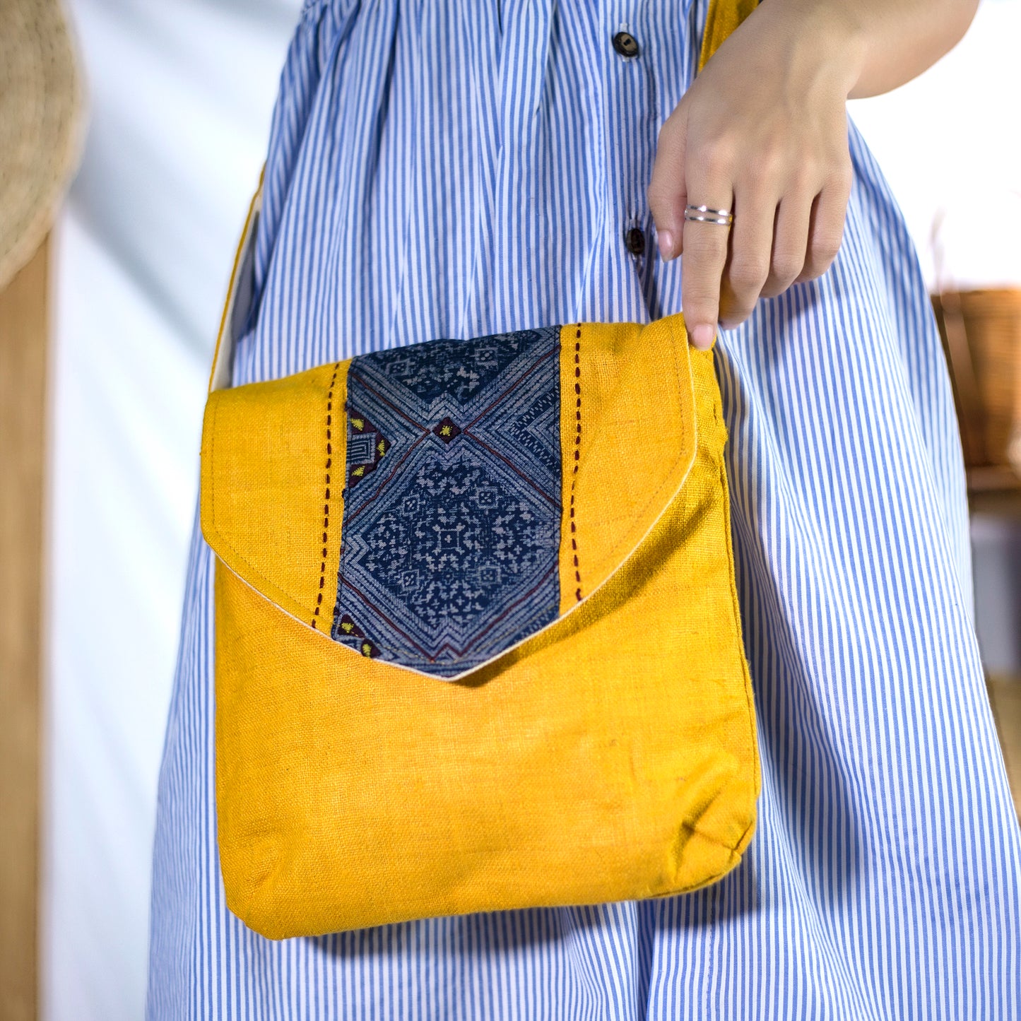 Purity Collection: Cross-body bag, natural hemp in YELLOW with vintage patch