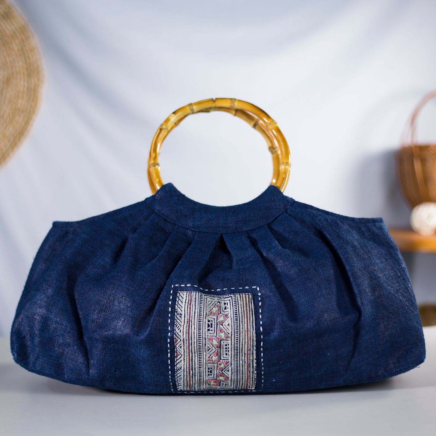 Bamboo handle bag, natural hemp in INDIGO BLUE with vintage patch